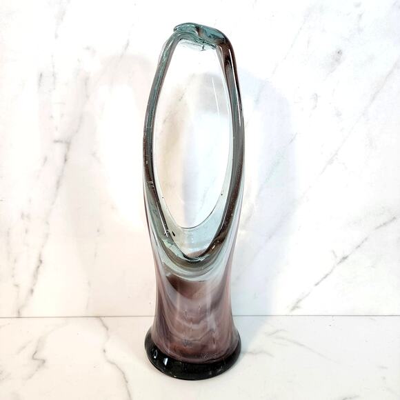 Vintage Hand-Blown Art Glass Basket Vase Swirl Purple Gray Stretched Handle - Picture 2 of 10